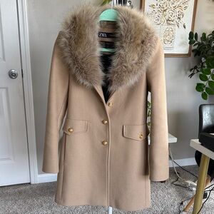 Zara Camel Fur Collar Wool Trench Coat
